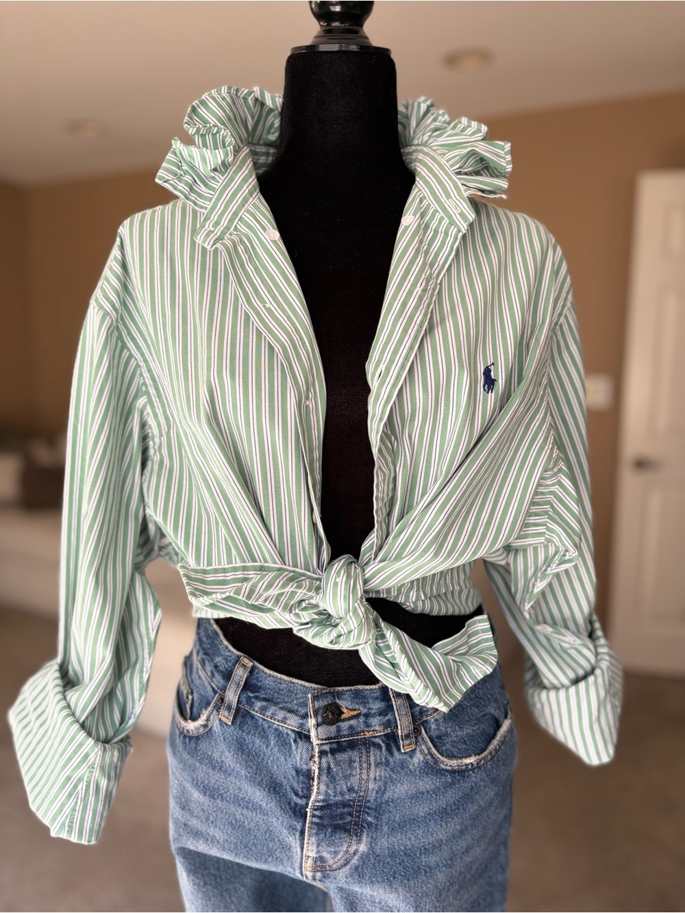 Reworked Ralph Lauren Green Stripe Button-Up Shirt with Ruffle Collar size L